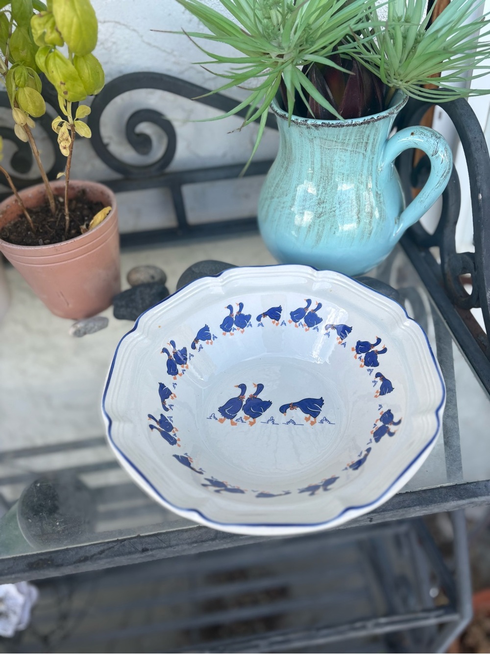 Country Style Blue Geese Serving Bowl
